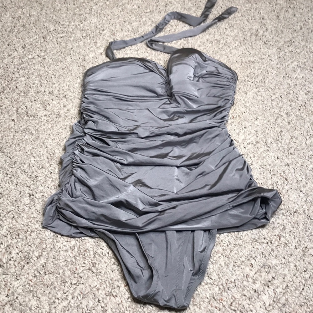 J Crew Silver Gray Ruched One-Piece Swimsuit